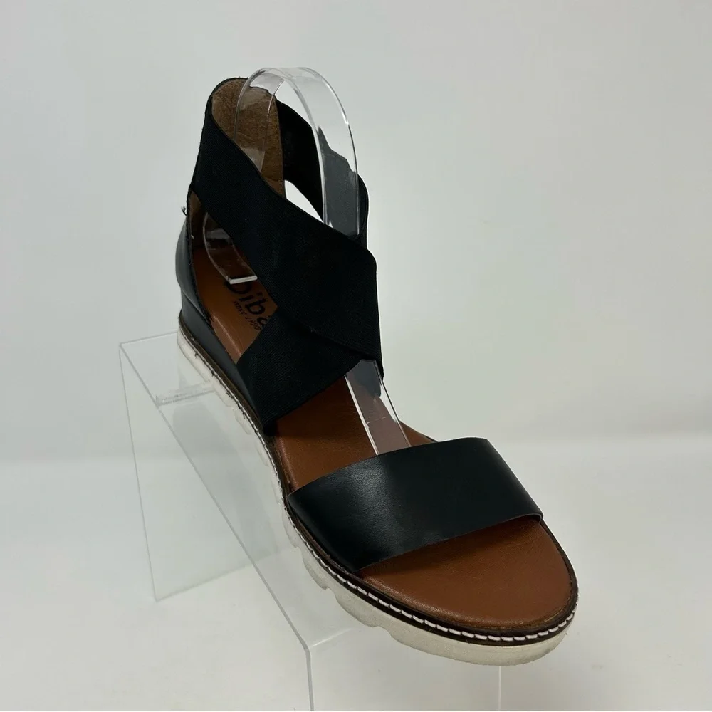 Diba True Black Leather and Fabric Strappy Wedge Comfort Sandals Size 9.5